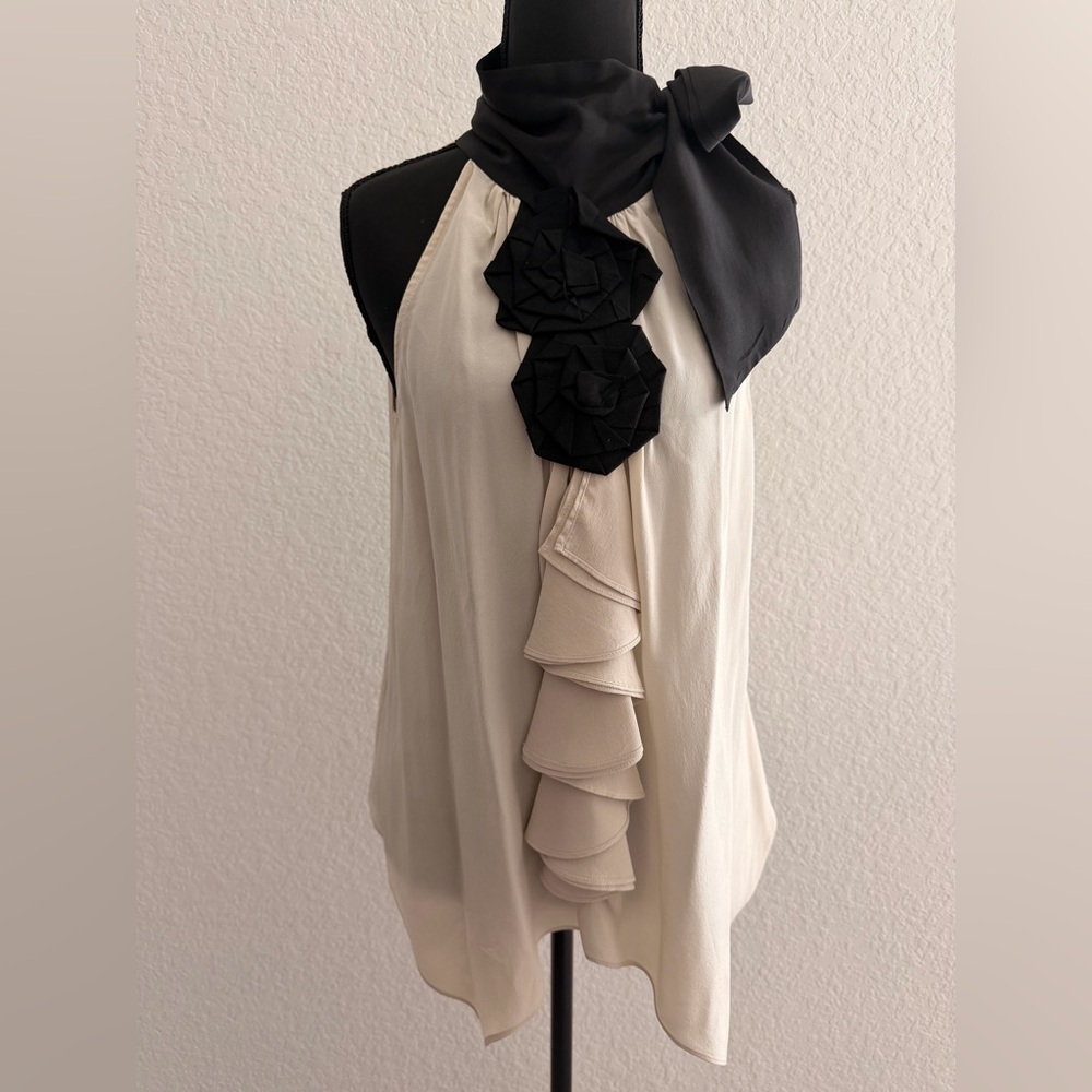 ZARA Cream Halter Top w/ Black Trim & Floral Neck Detail